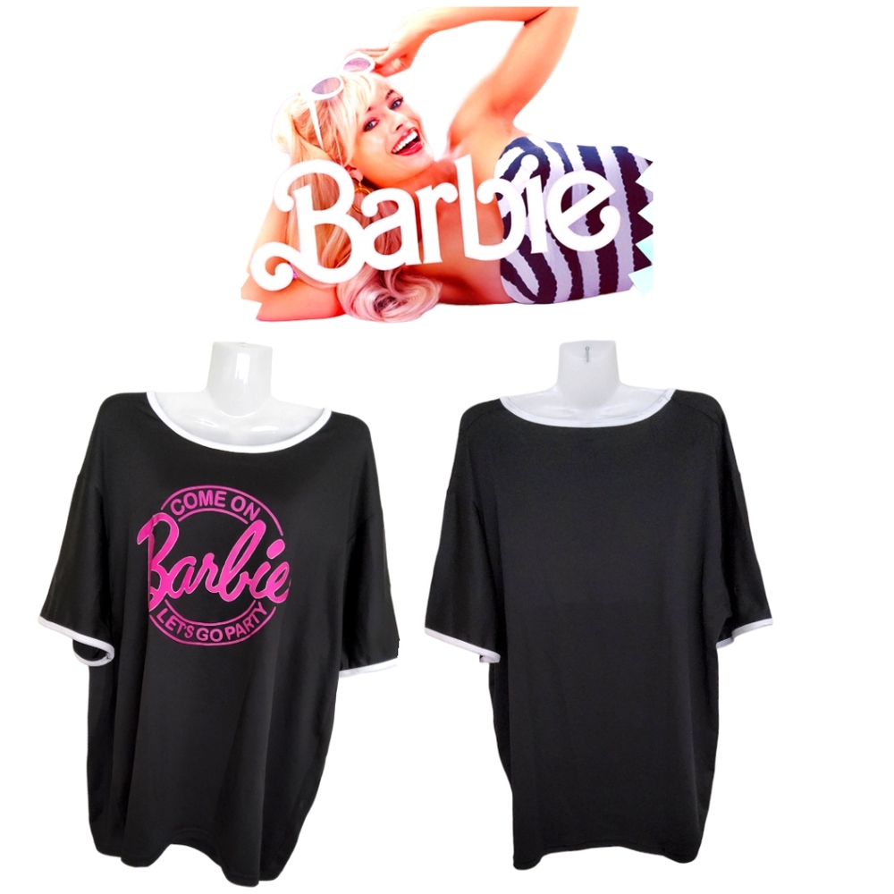 Barbie Party!! Plus Size Black Casual Short Sleeve Top with Pink L…